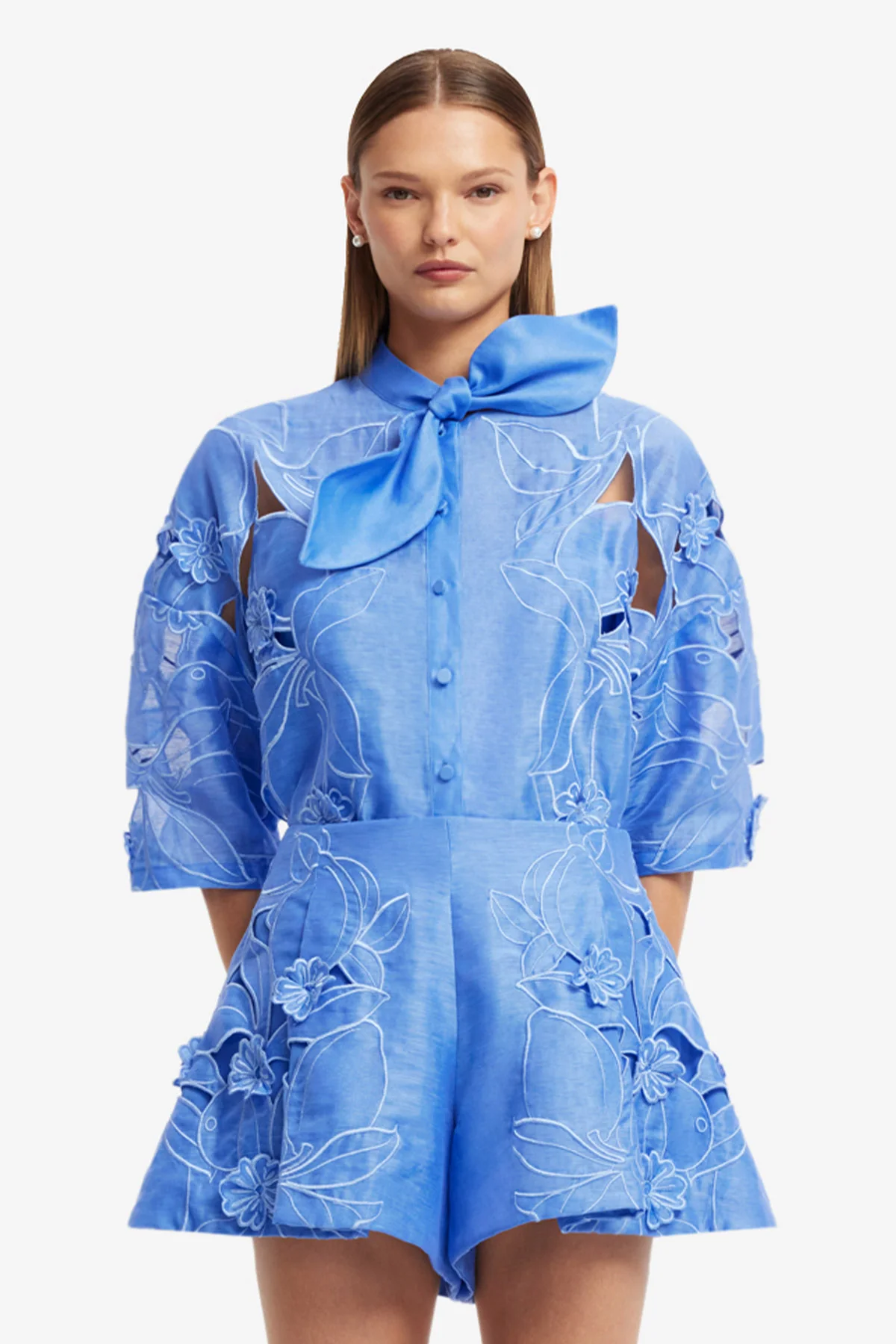 Brooklyn Appliqué Bow Puff Sleeve Top - Azure - Image 2