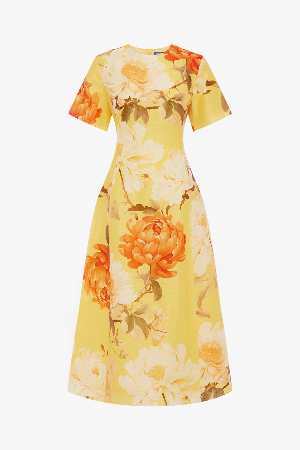 Caroline Short Sleeve Midi Dress - Peony Print in Yellow