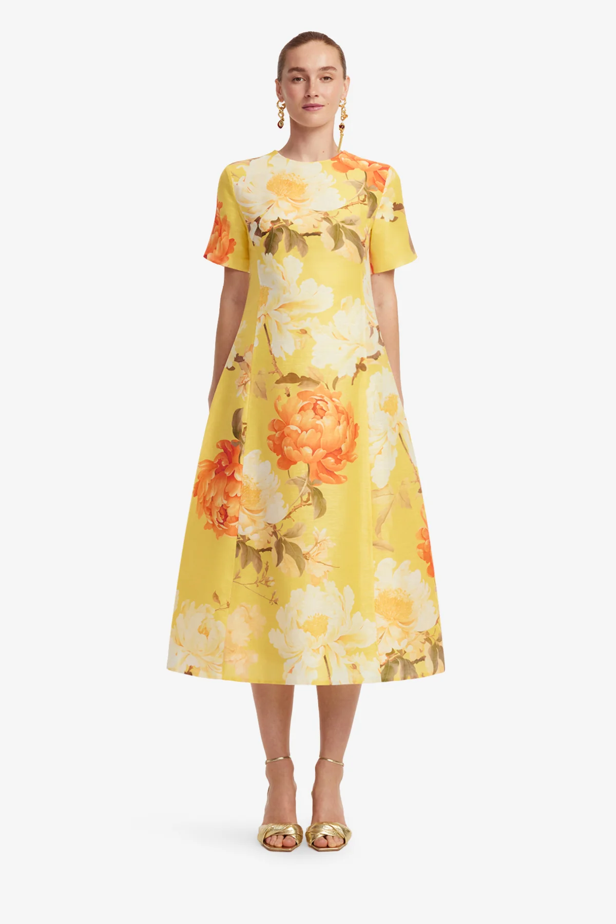 Caroline Short Sleeve Midi Dress - Peony Print in Yellow - Image 2
