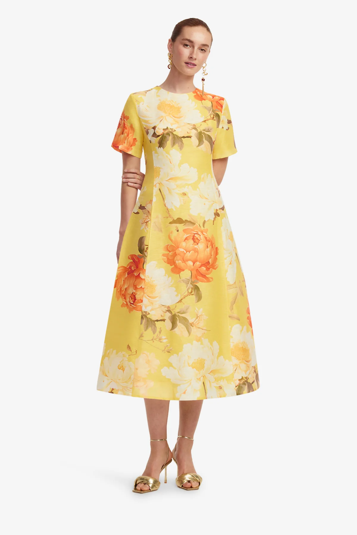 Caroline Short Sleeve Midi Dress - Peony Print in Yellow - Image 3