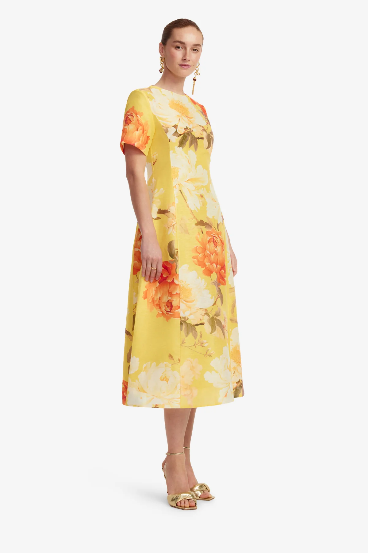 Caroline Short Sleeve Midi Dress - Peony Print in Yellow - Image 4