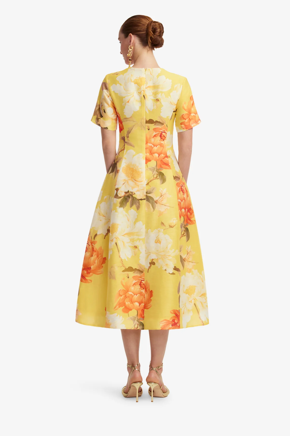 Caroline Short Sleeve Midi Dress - Peony Print in Yellow - Image 5
