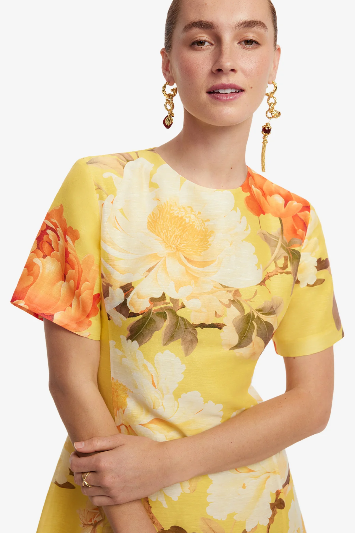 Caroline Short Sleeve Midi Dress - Peony Print in Yellow - Image 6