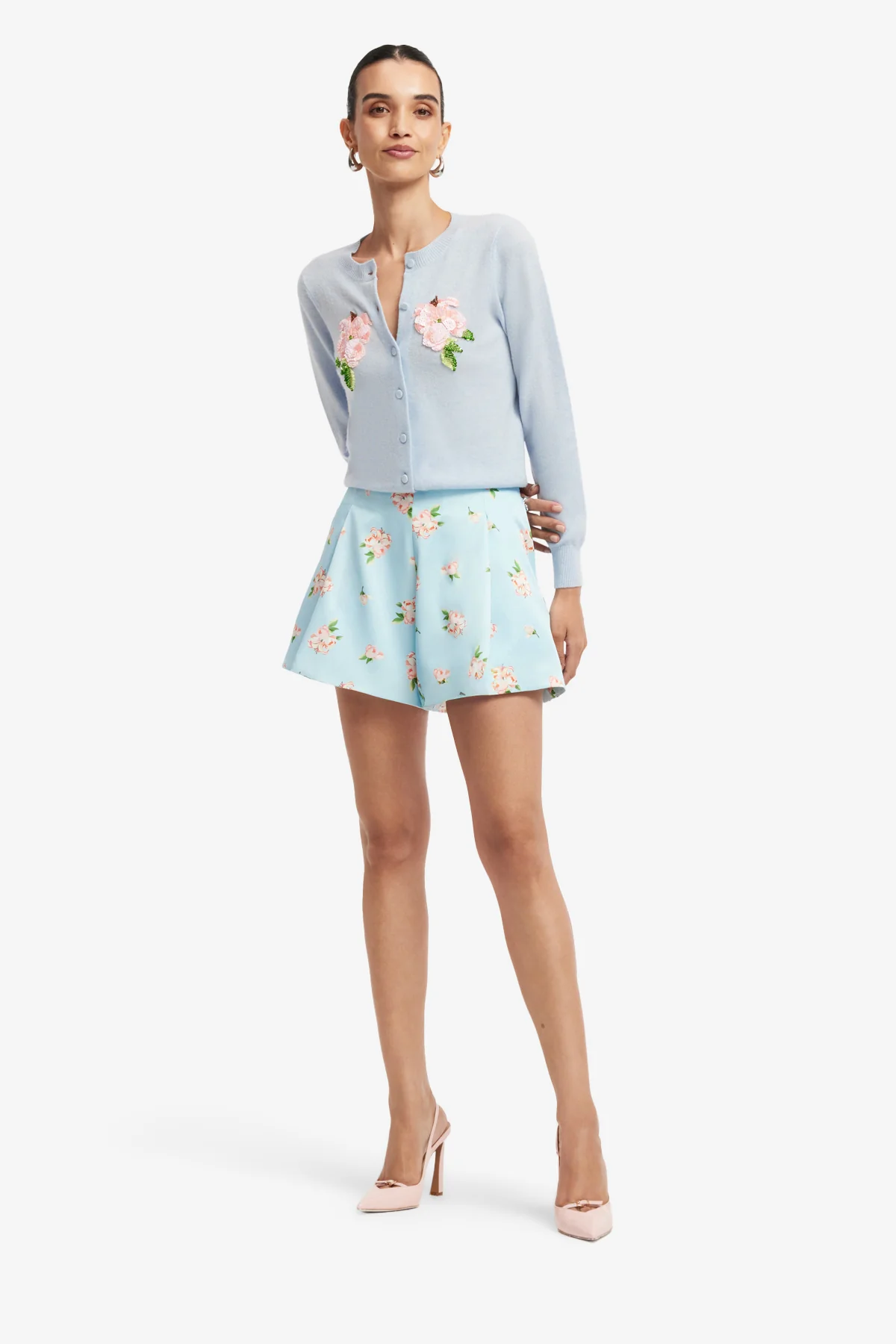 Claire Embellished Knit Cardigan - Ditsy Floral Print in Blue - Image 3