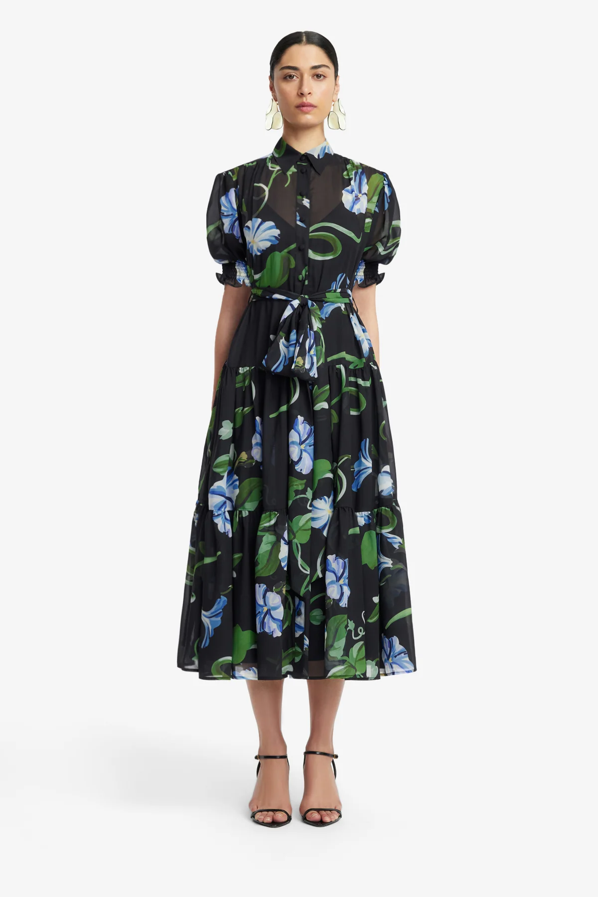 Ellie Bishop Sleeve Midi Dress - Vine Print in Ebony - Image 2