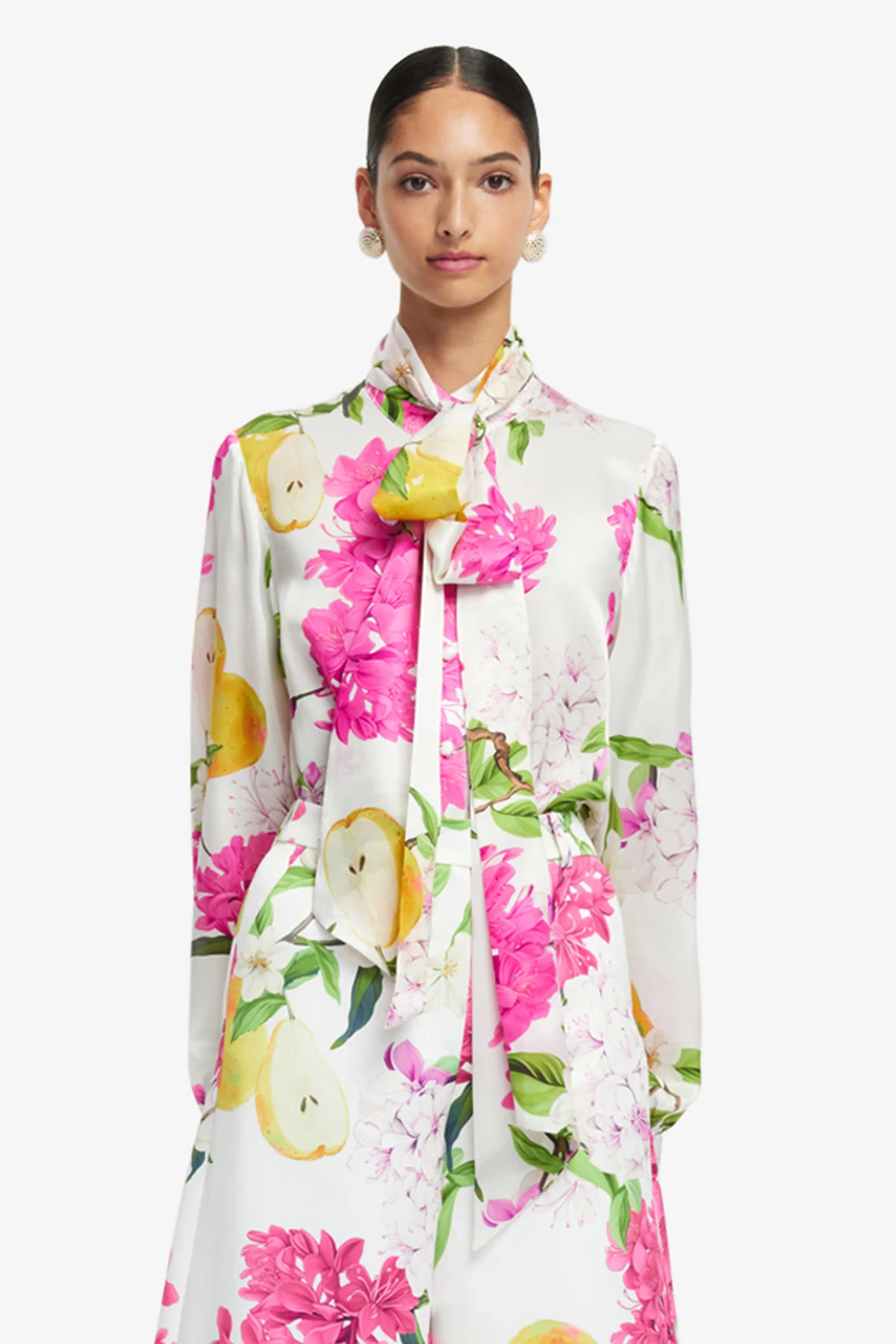 Freya Tie Neck Silk Blouse - Floral Pear Print - Image 2