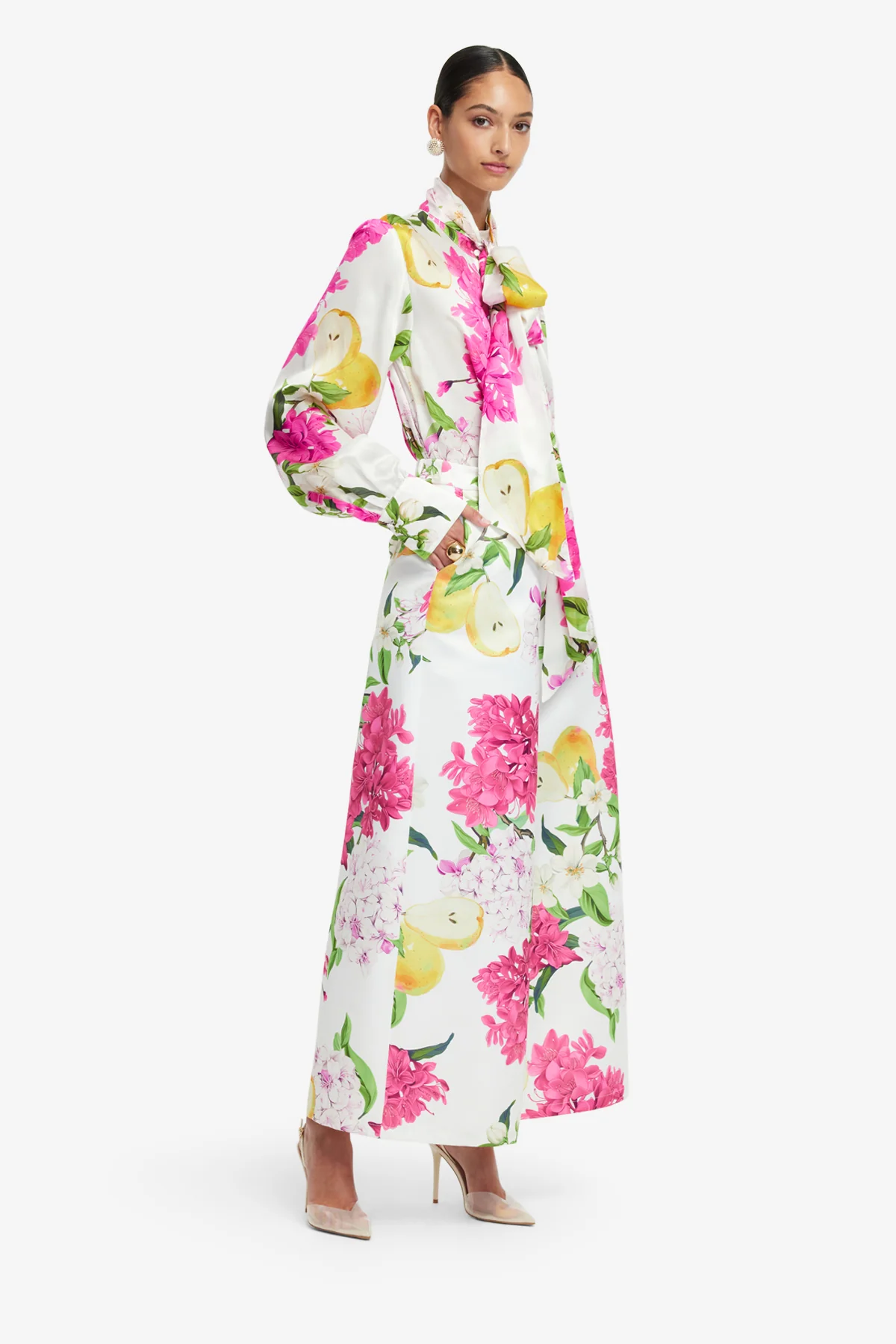 Freya Tie Neck Silk Blouse - Floral Pear Print - Image 4