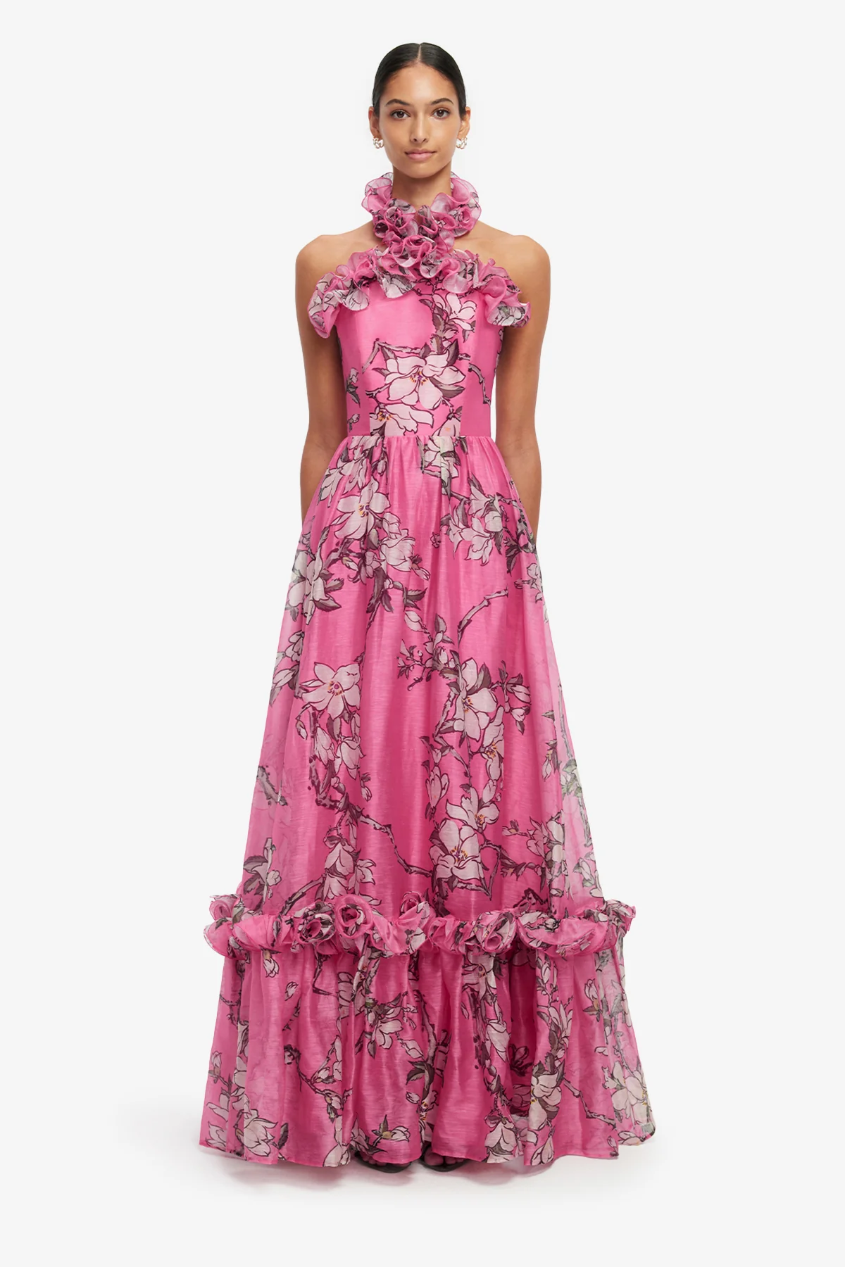Isabelle Ruffled Halterneck Maxi Dress - Pink Magnolia Print - Image 2