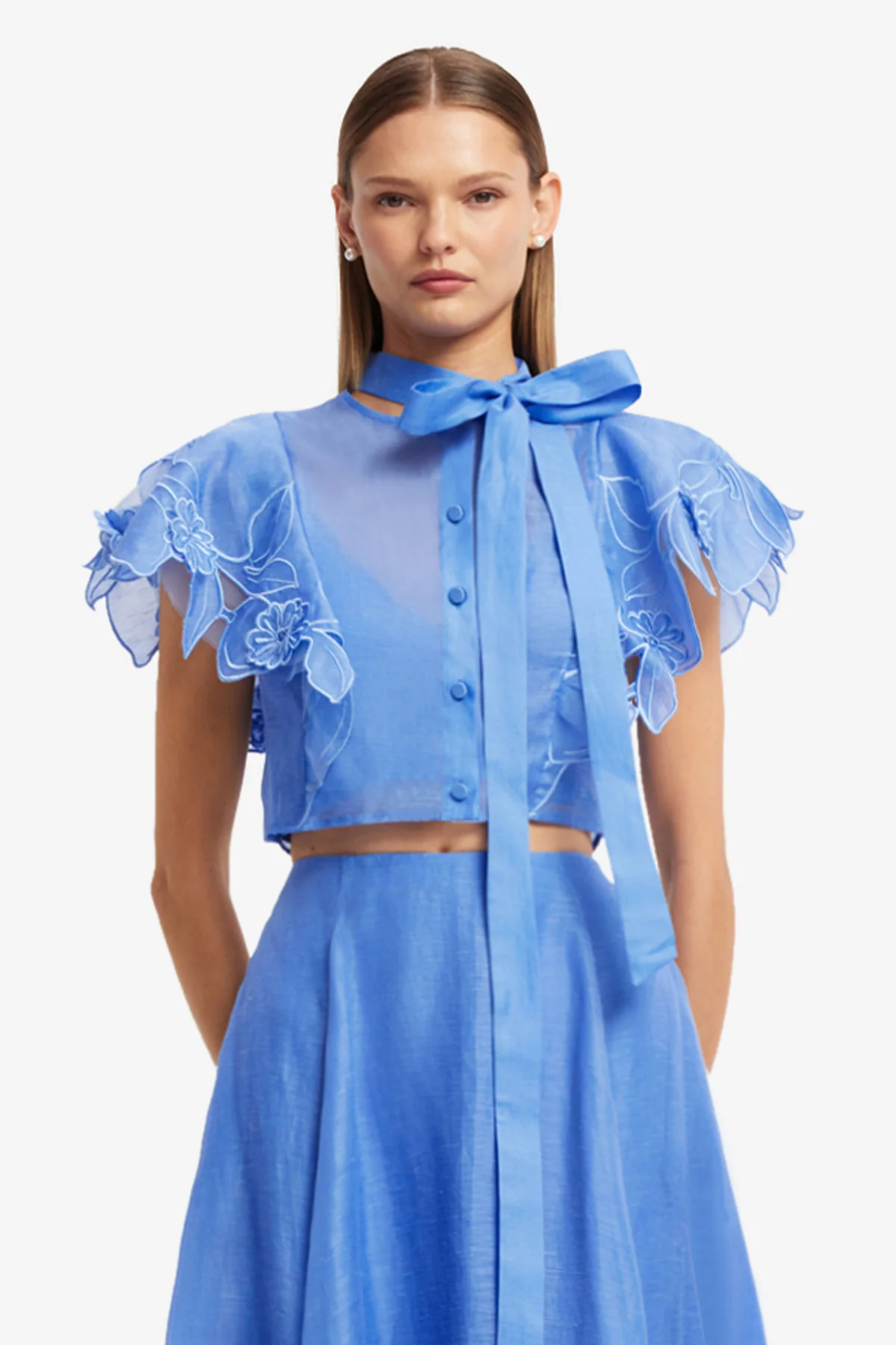 Jasmine Appliqué Flutter Sleeve Top - Azure - Image 2