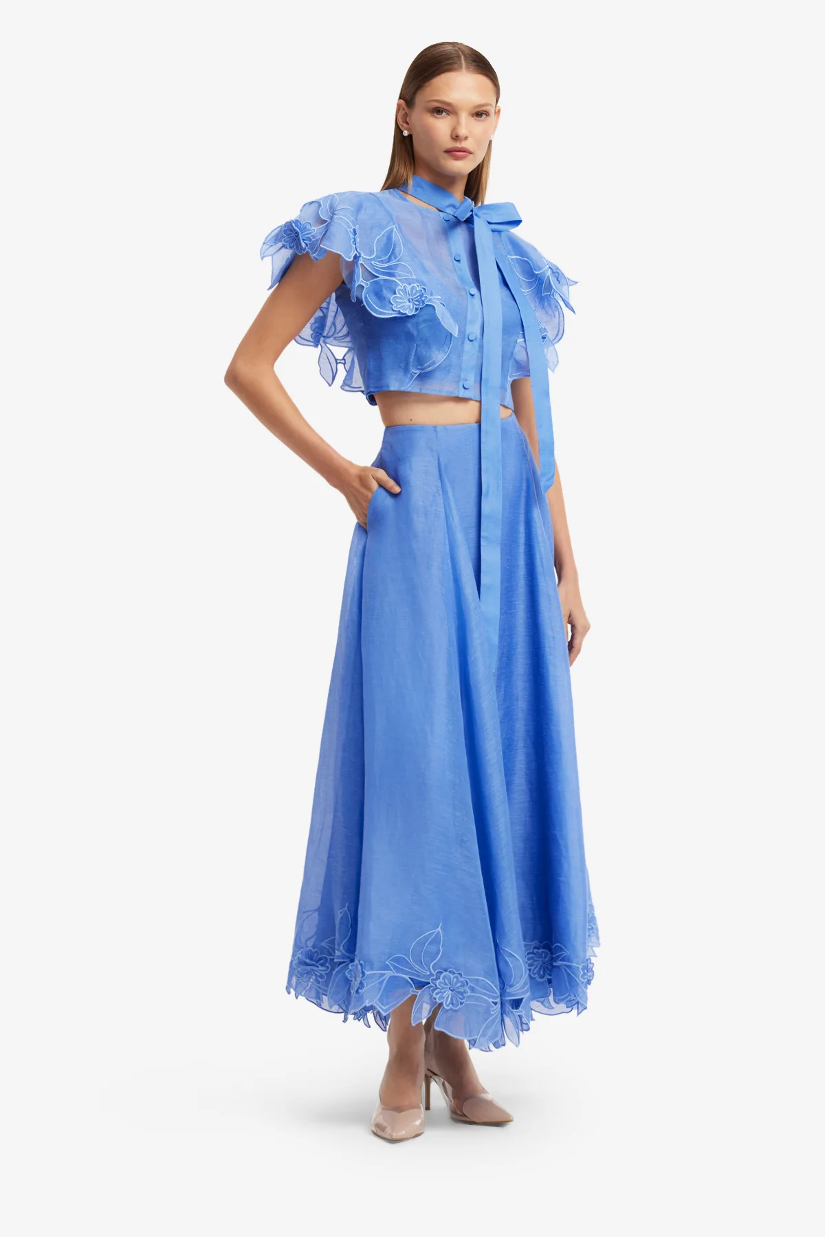 Jasmine Appliqué Flutter Sleeve Top - Azure - Image 4