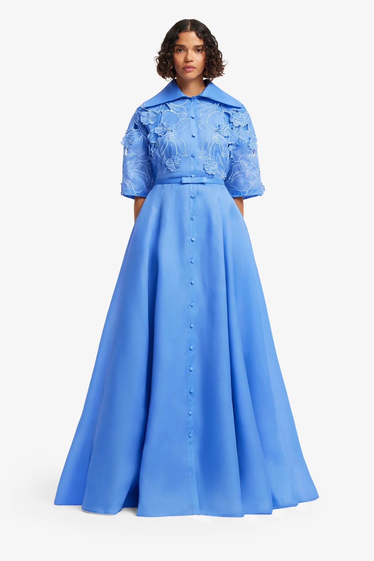 Junia Appliqué Puff Sleeve Silk Gown - Azure - Image 2