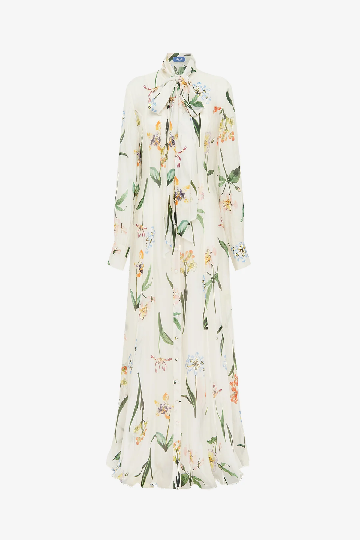 Lilith Tie Neck Maxi Dress - Botanical Print in Snow