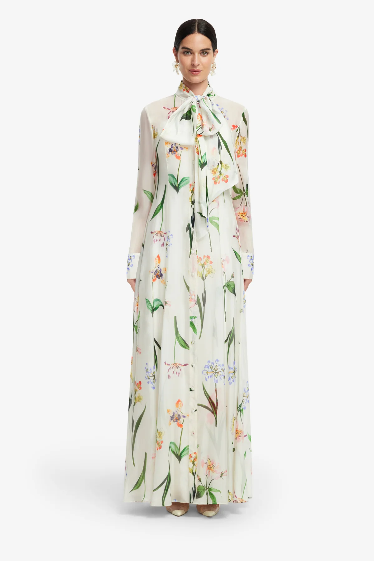 Lilith Tie Neck Maxi Dress - Botanical Print in Snow - Image 2