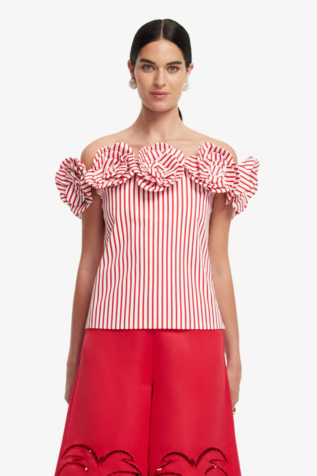 McKayla Off-Shoulder Top - Stripes in Scarlet - Image 2