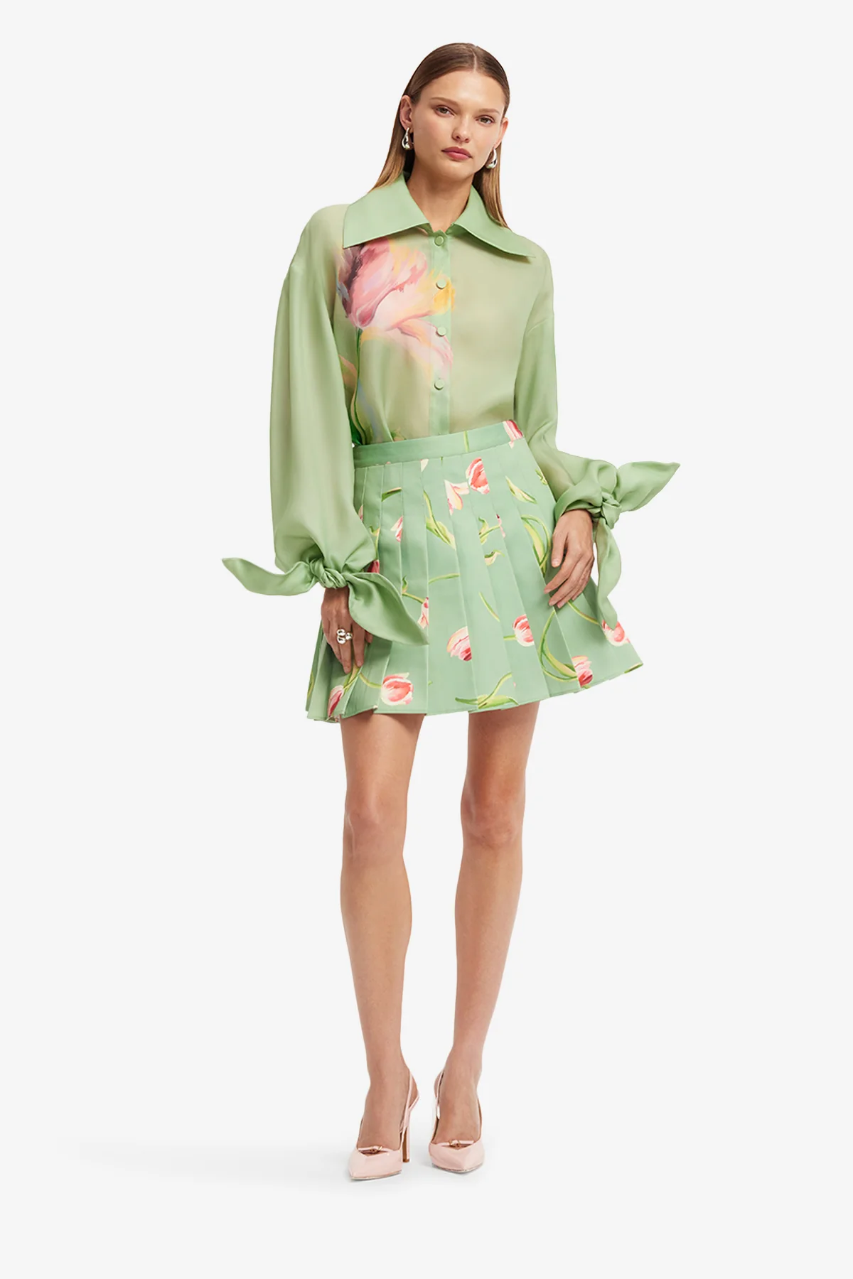 Melody Pleated Mini Skirt - Tulip Print in Green - Image 3