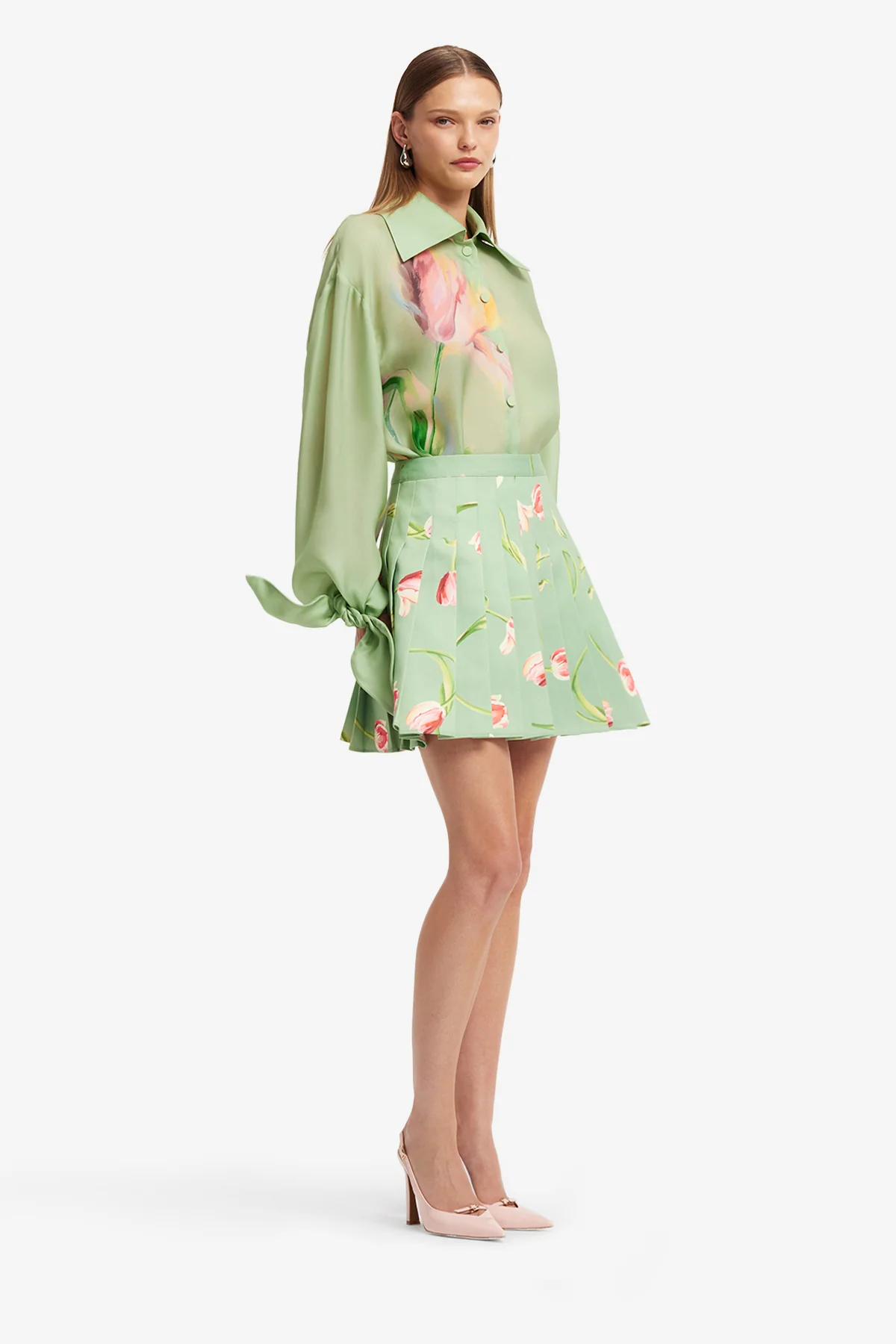 Melody Pleated Mini Skirt - Tulip Print in Green - Image 4