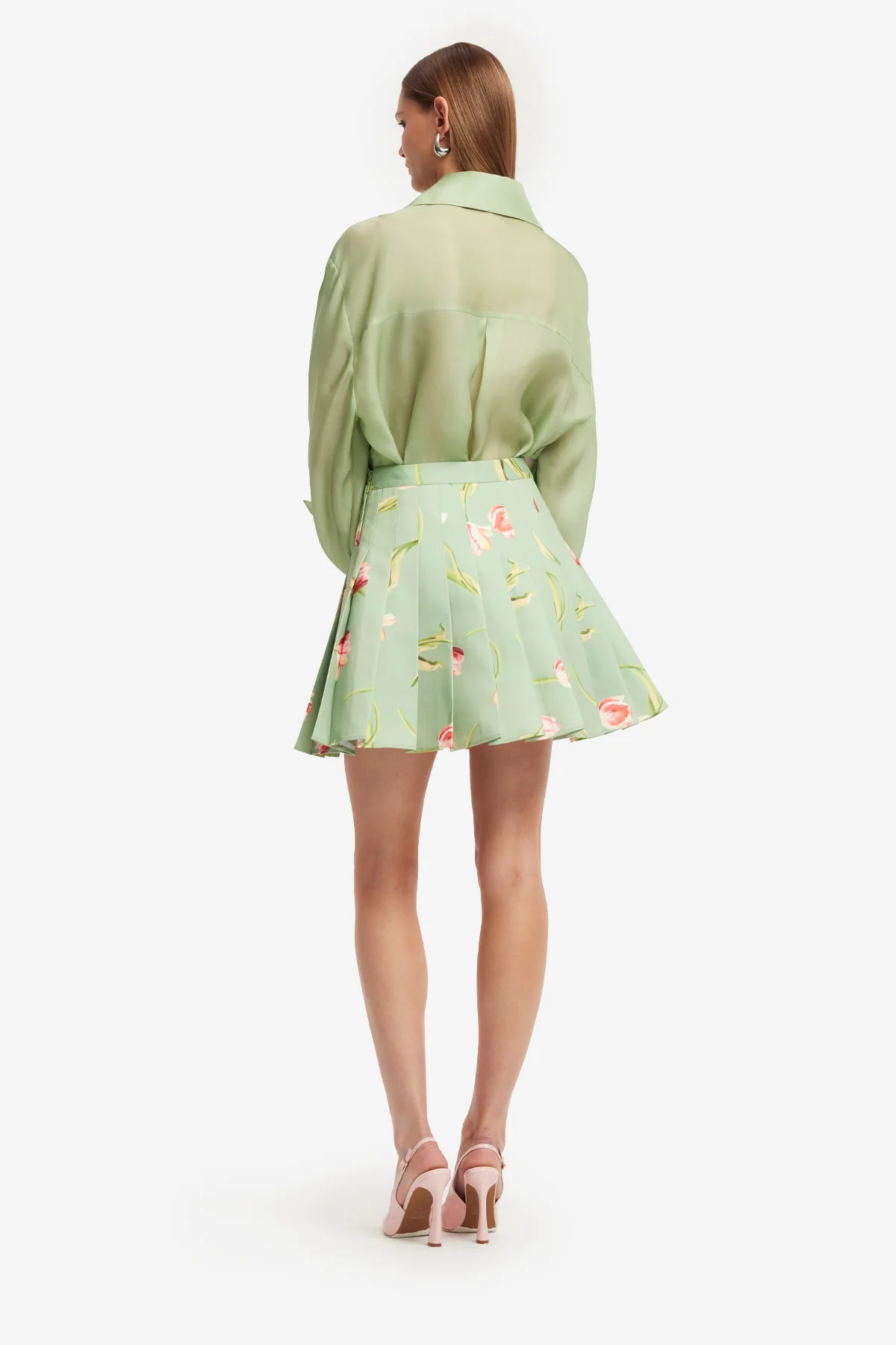 Melody Pleated Mini Skirt - Tulip Print in Green - Image 5