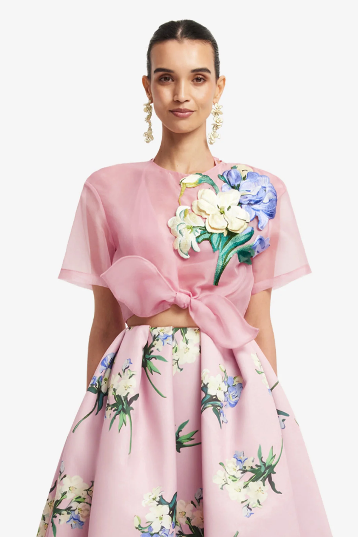 Riley Embroidered Sleeve Top - Bouquet Print in Pastel Pink - Image 2