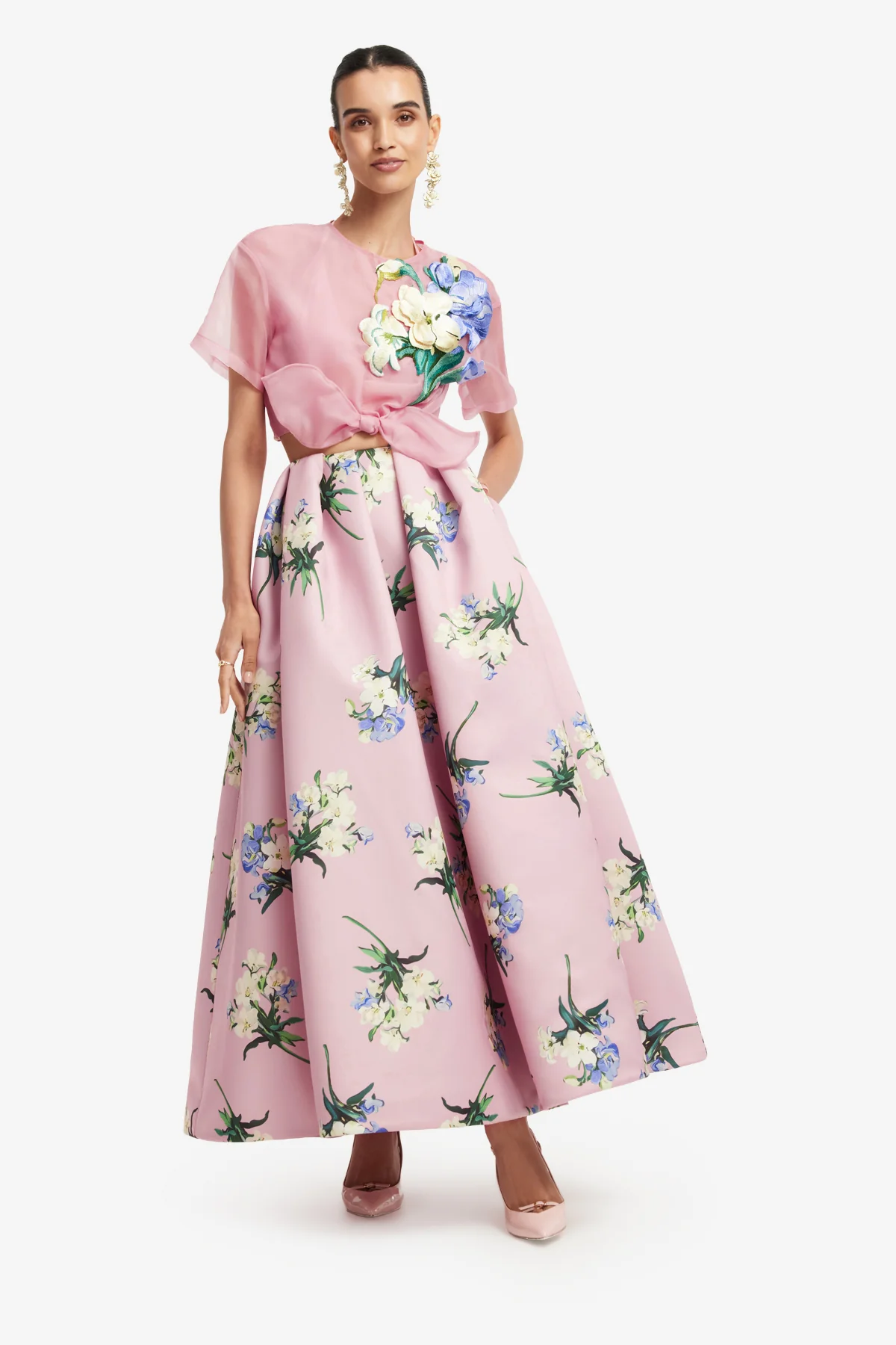 Riley Embroidered Sleeve Top - Bouquet Print in Pastel Pink - Image 3